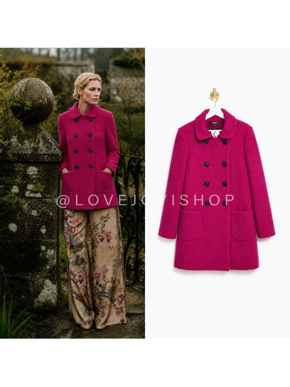 Coat | DKNY Boucle Pea Coat Fuscia Wool Blend | Color Pop Feminine Tailoring 12